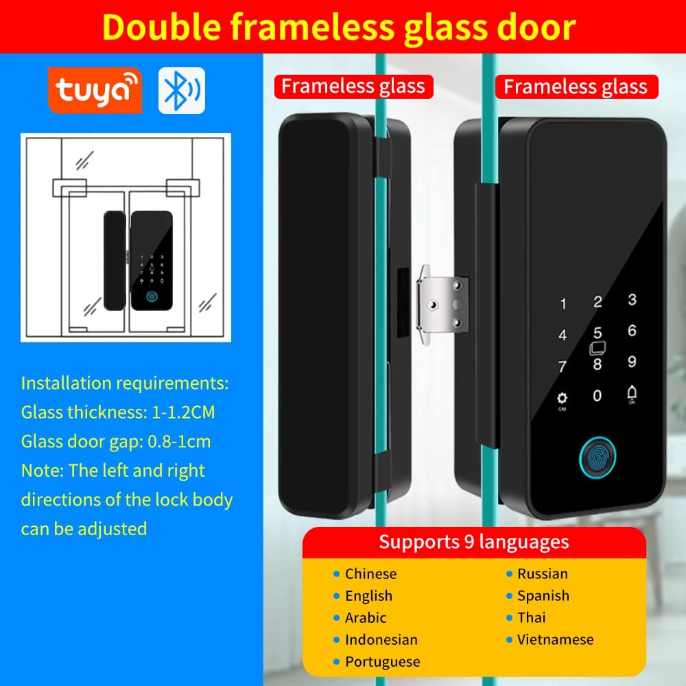 Serrure Intelligente de Porte en Verre Biométrique Bluetooth APP avec Empreinte Digitale, Mot de Pas