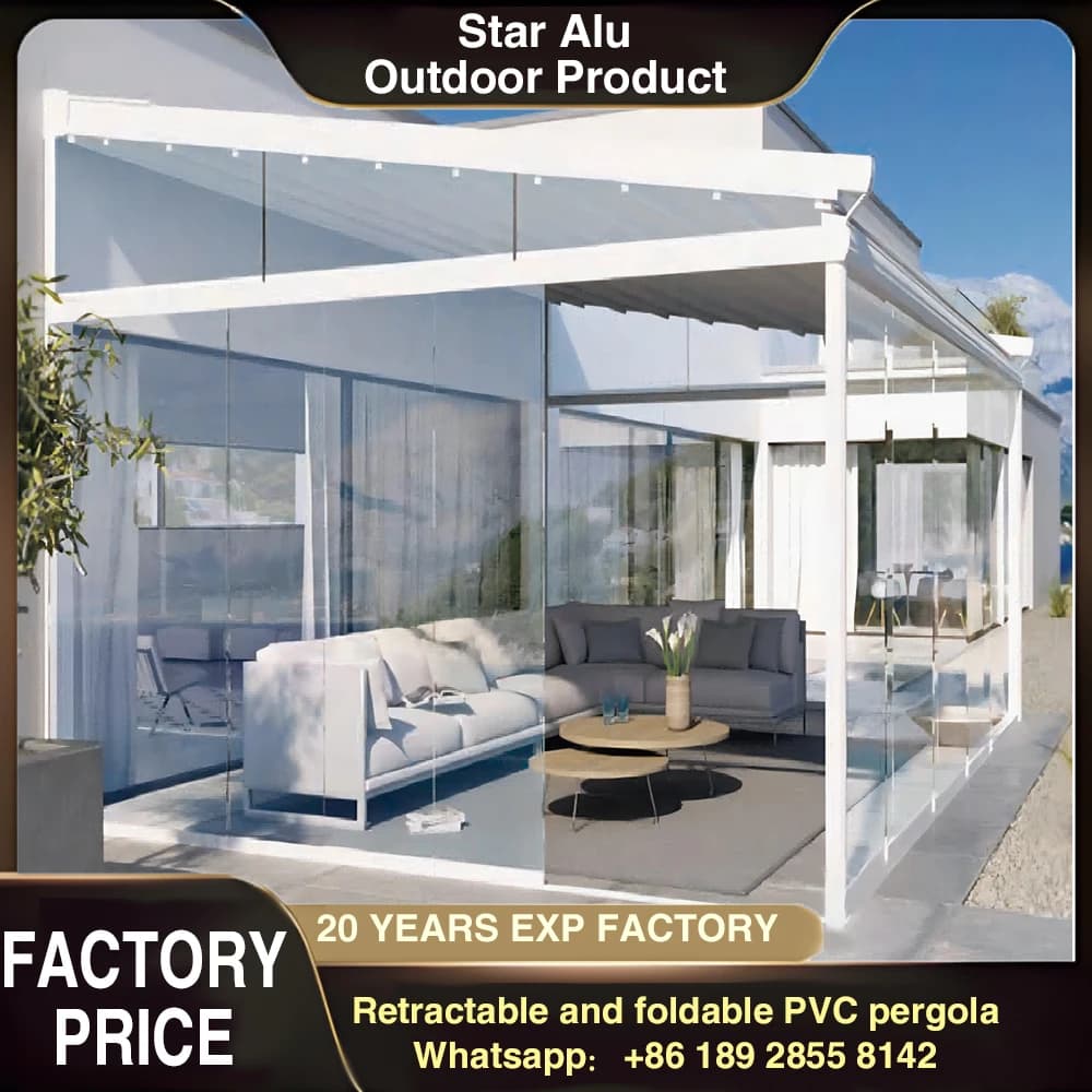 Pergola rétractable moderne, auvent imperméable en PVC, aluminium thermolaqué, résistant aux UV, par
