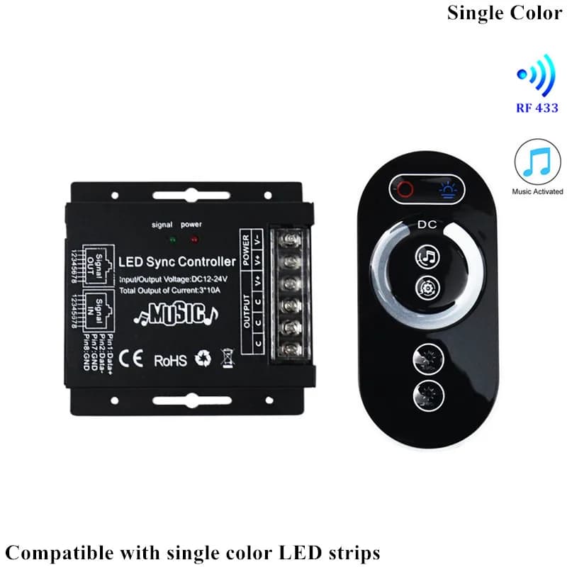 Télécommande à écran tactile RF 433, récepteur activé par la musique, gradateur de couleur unique, C