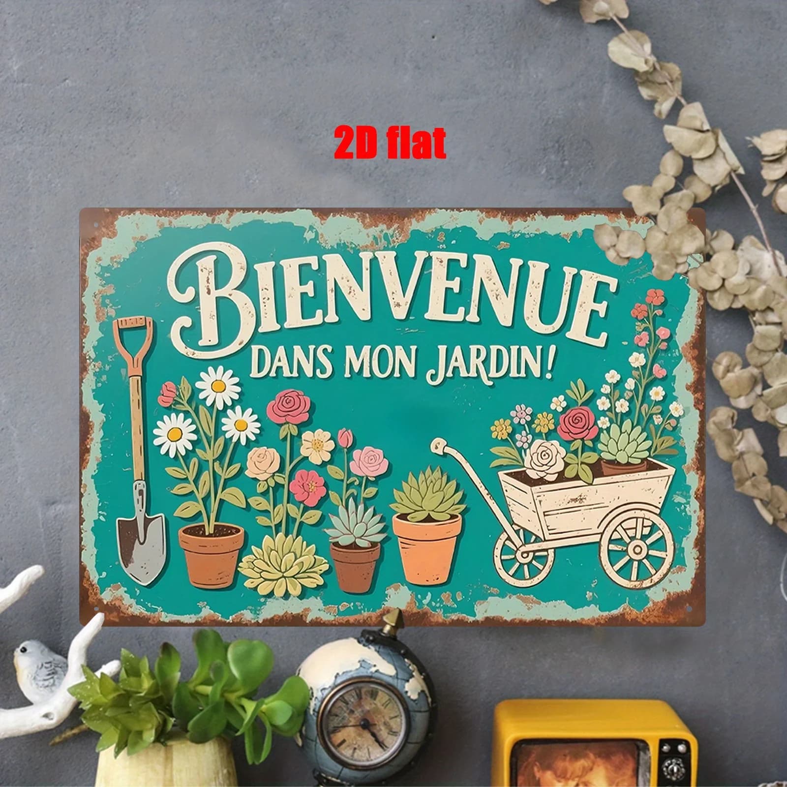 Panneau décoratif mural en métal « Bienvenue dans mon jardin » – Design floral et d'outils de jardin