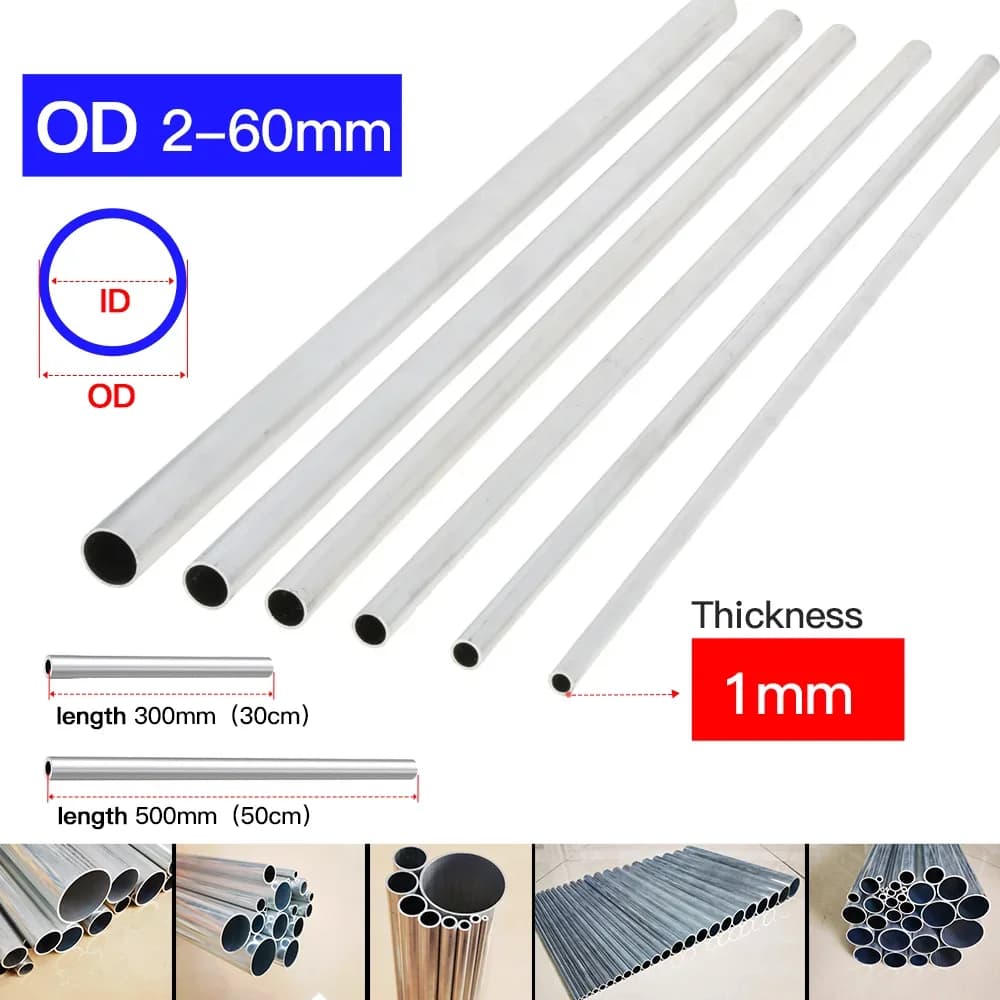 Tube en aluminium, épaisseur 1 mm, diamètre extérieur 3-60 mm, droit, longueur 300 mm 500 mm, tube m