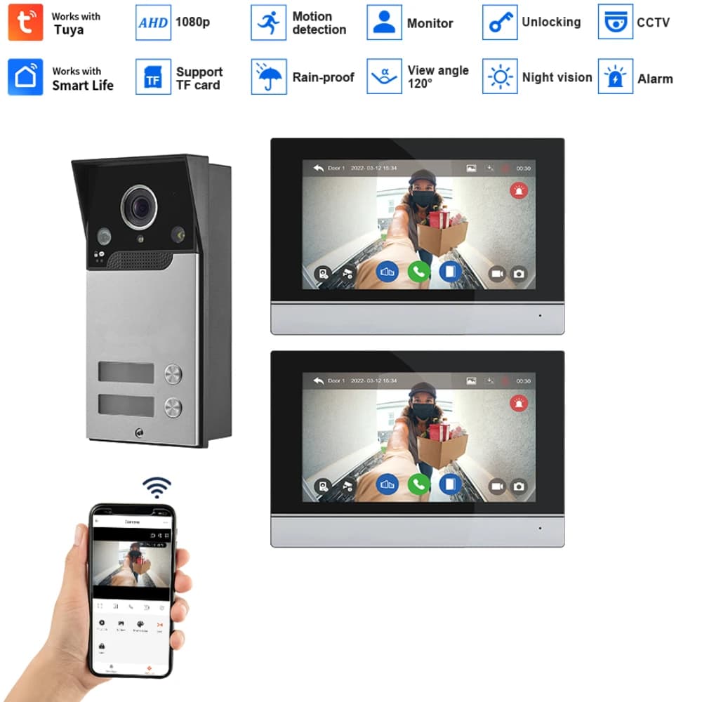 Visiophone d'appartement avec écran de 7 pouces, enregistrement instantané, Tuya, WIFI, interphone d