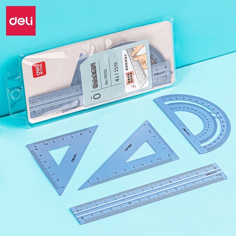 DELI – ensemble de dessin en aluminium, 4 pièces, ensemble de règles pour l'école, règle droite, rapporteur triangulaire, papeterie