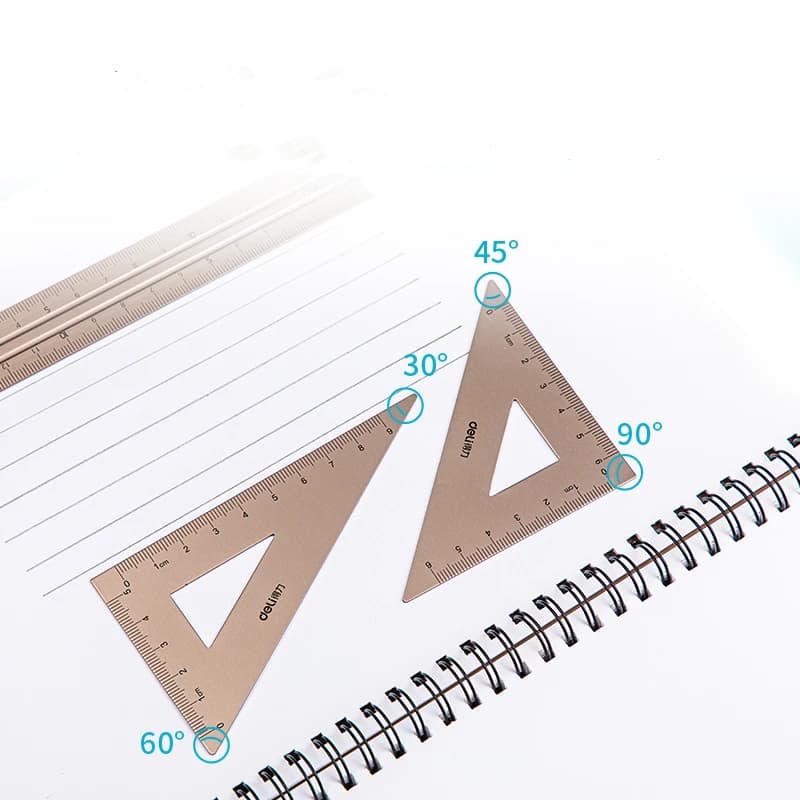 DELI – ensemble de dessin en aluminium, 4 pièces, ensemble de règles pour l'école, règle droite, rapporteur triangulaire, papeterie