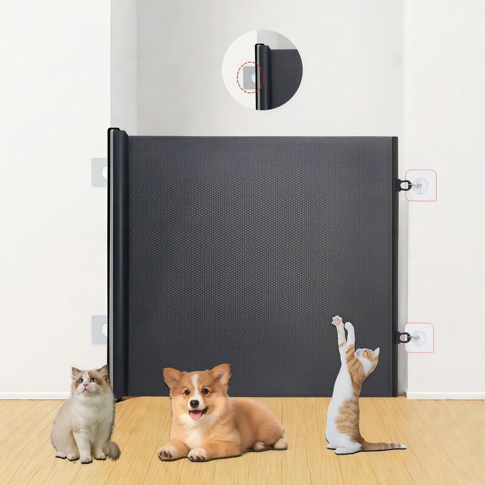 Barrière pour animaux de compagnie auto-rétractable en maille renforcée, sans perçage, anti-saut pour chien, clôture coulissante extensible en maille pour garage