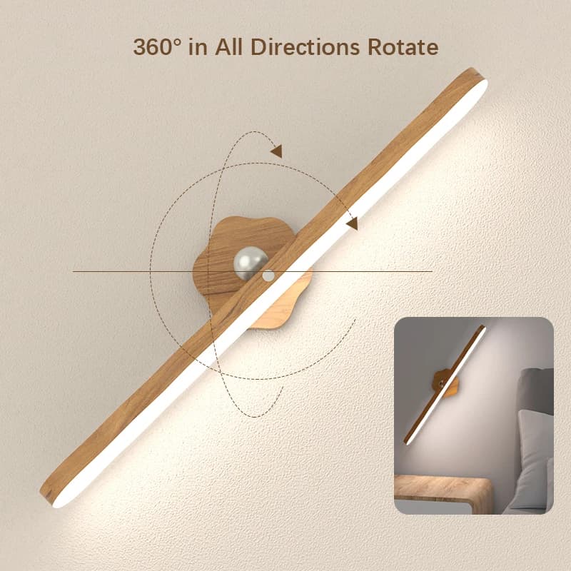 Lampe murale magnétique rotative, sans perçage 360° °   Lampe de chevet rotative, lampe de lecture LED à effet bois, blanc chaud/blanc froid