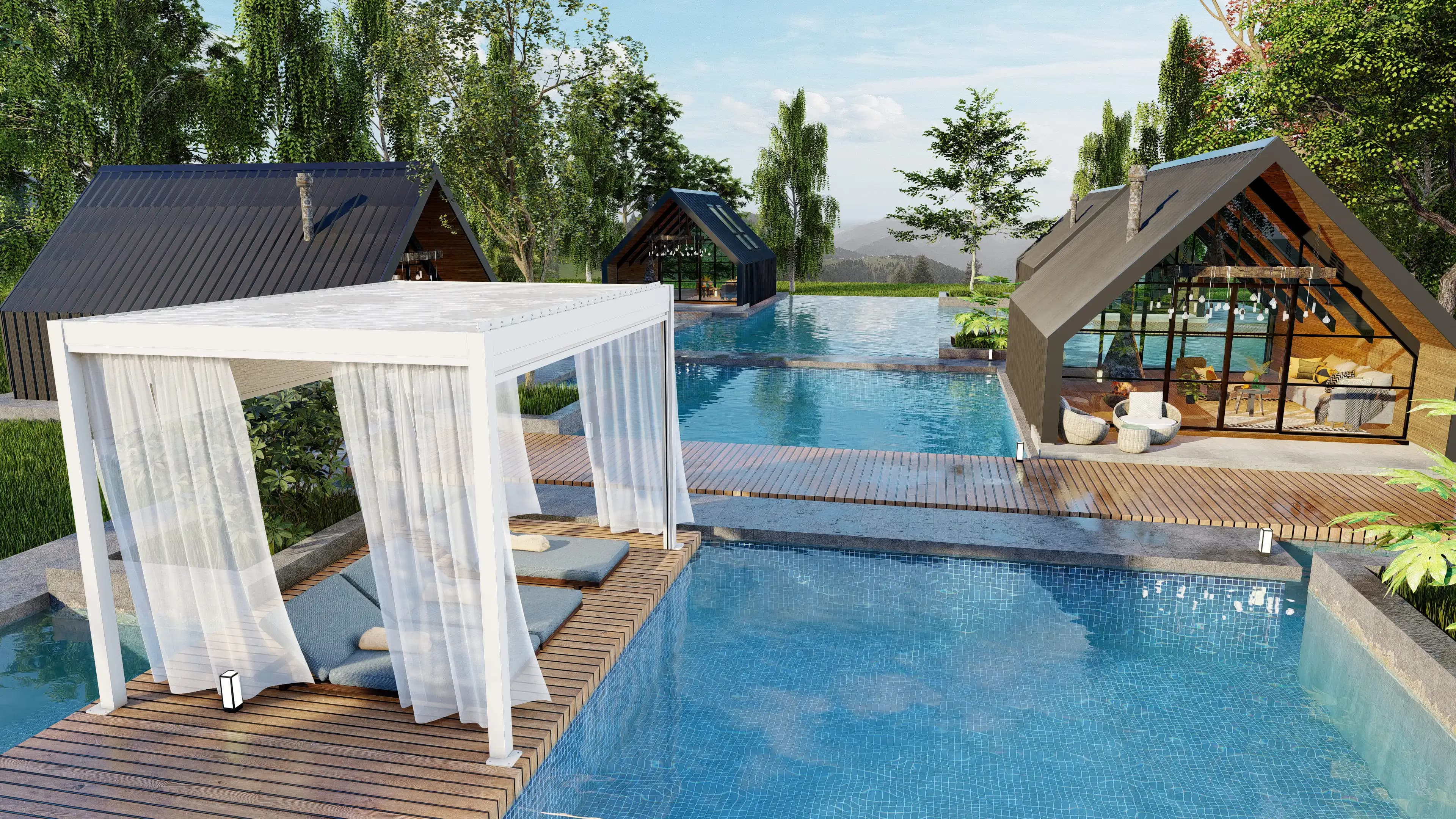 Pergola motorisée en aluminium tonnelle bioclimatique lumières LED toit à persiennes portes coulissantes en verre Patio