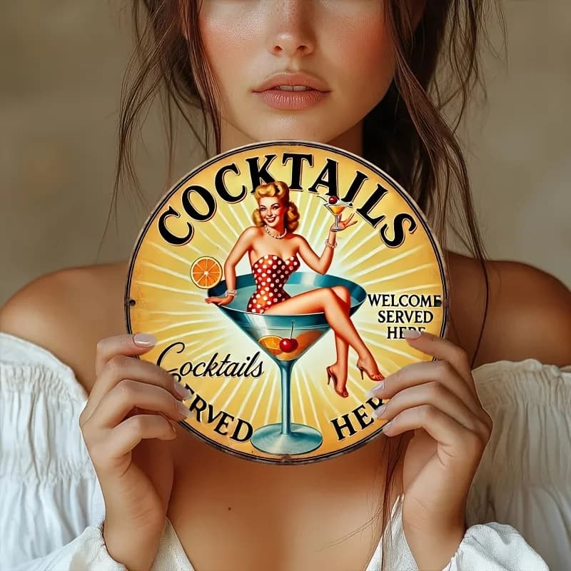 Panneau en métal 2D plat et vintage pour cocktails servés ici, 20,32x20,32 cm, art mural rond en aluminium, design rétro champagne et fruits,