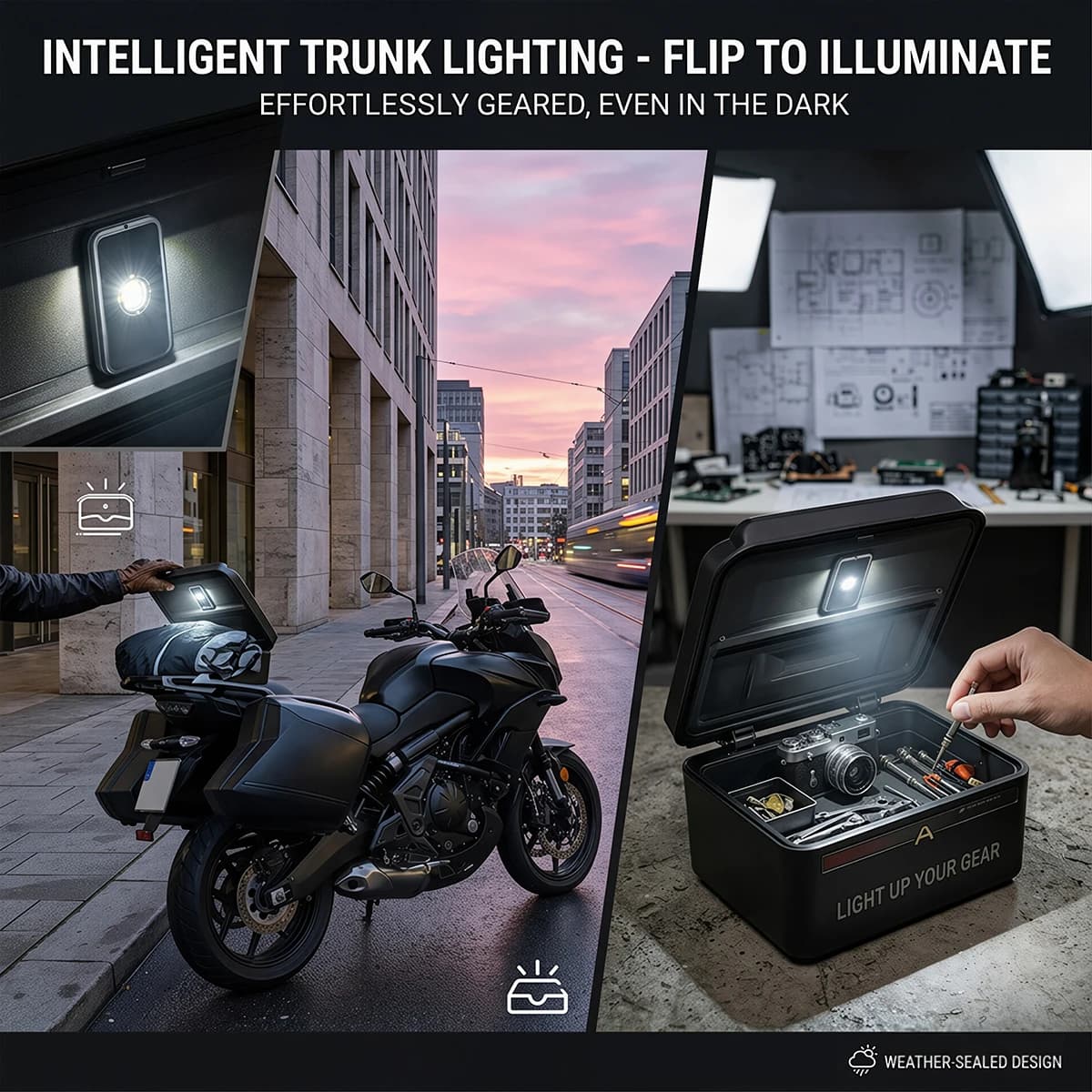 Lumière de capot de moto à capteur, multifonctionnelle et portable, éclairage intérieur LED avec technologie de détection automatique intégrée, accessoires