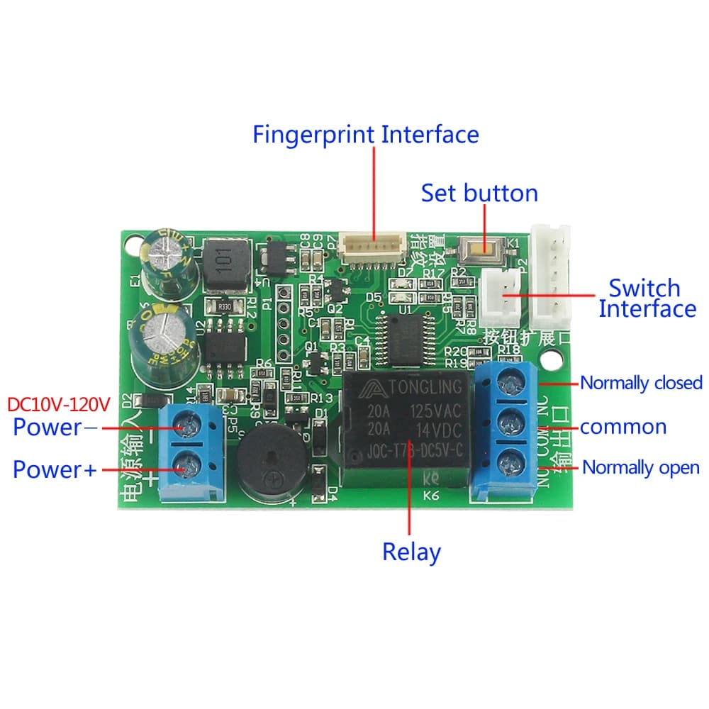 Module de contrôle de relais d'empreintes digitales contrôleur de serrure de porte DC10V-120V