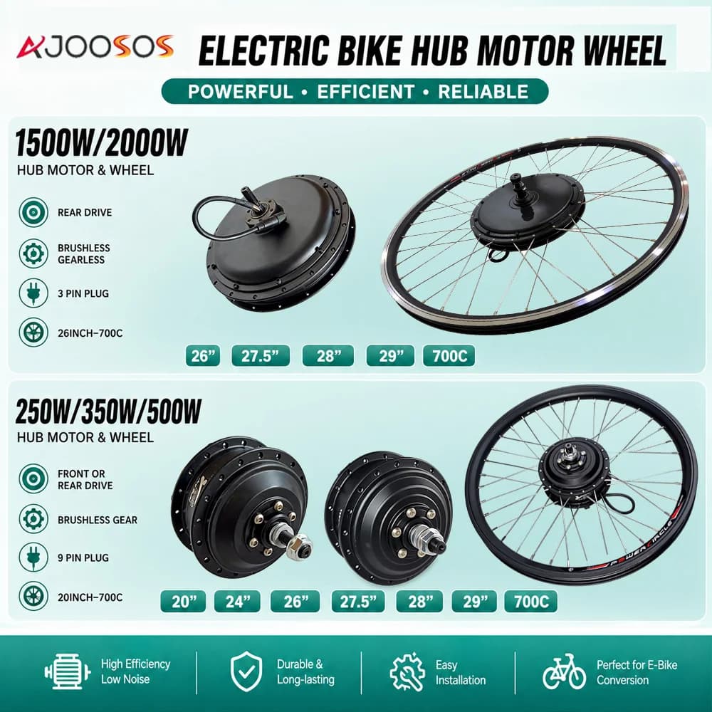 Moteur de moyeu de vélo électrique 36V 48V 250W 350W 500W 1500W 2000W 20 24 26 27.5 28 29 pouces 700C roue de moteur de vélo électrique avant/arrière