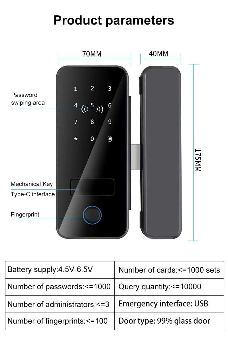 Serrure Intelligente de Porte en Verre Biométrique Bluetooth APP avec Empreinte Digitale