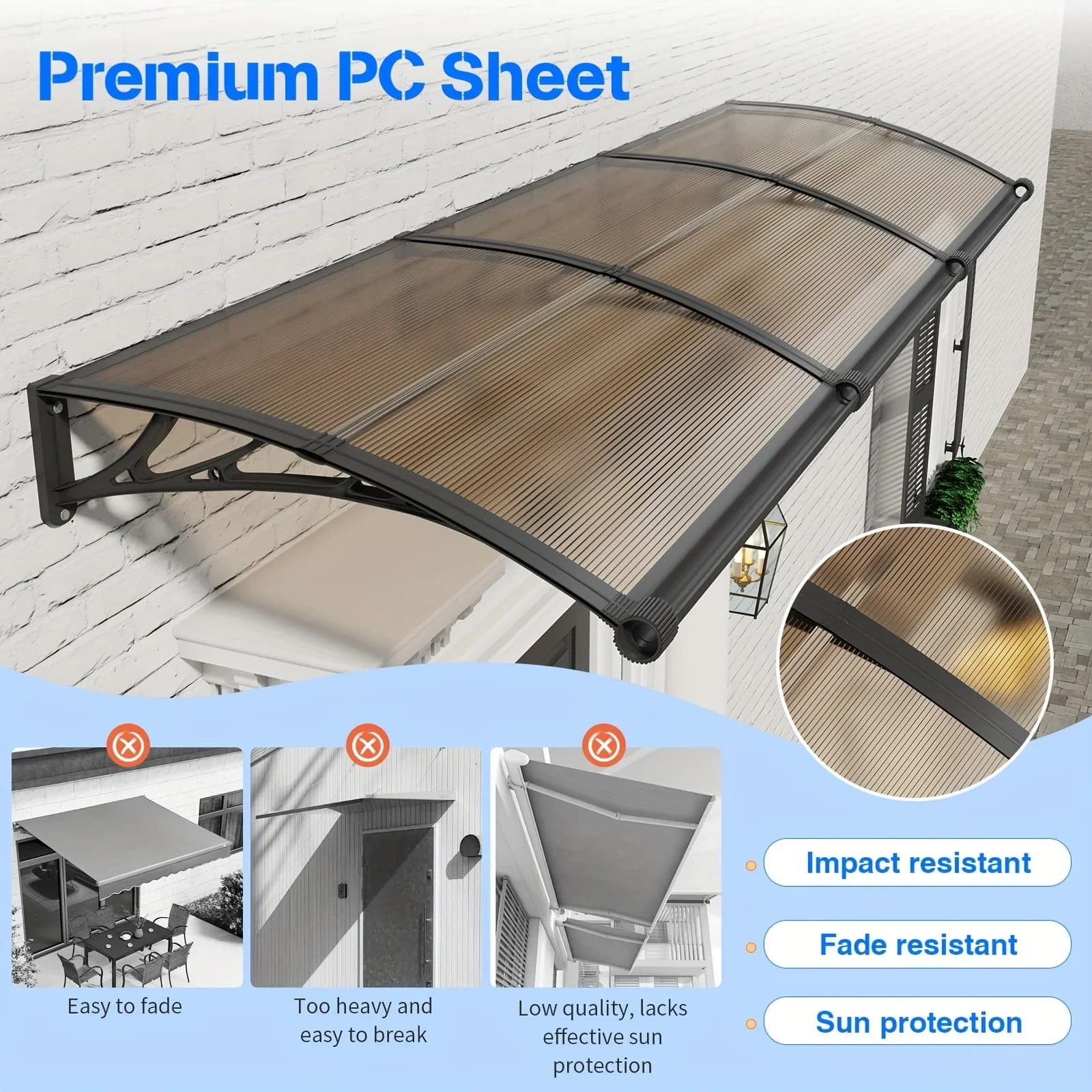Grand auvent en polycarbonate pour entrées; Auvents et abris de protection contre la pluie et la neige pour patios et jardins; Panneaux marron