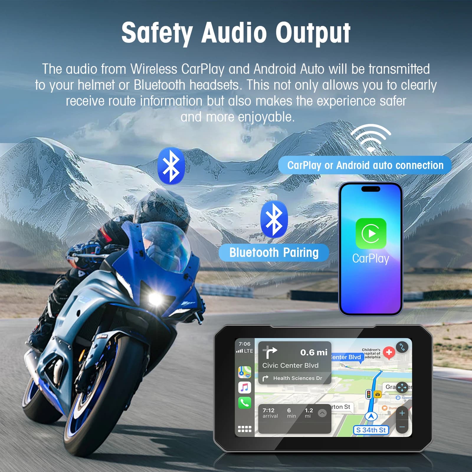 EzoneTronics Écran de moto 5 pouces, DVR moto, navigation GPS, CarPlay sans fil, Android Auto, étanche IP67