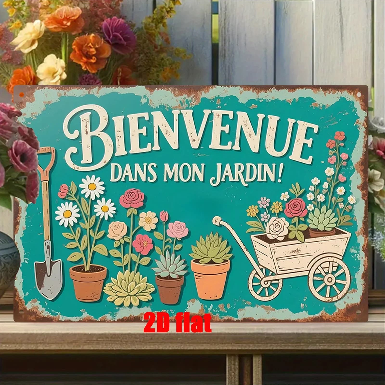 Panneau décoratif mural en métal « Bienvenue dans mon jardin » – Design floral et d'outils