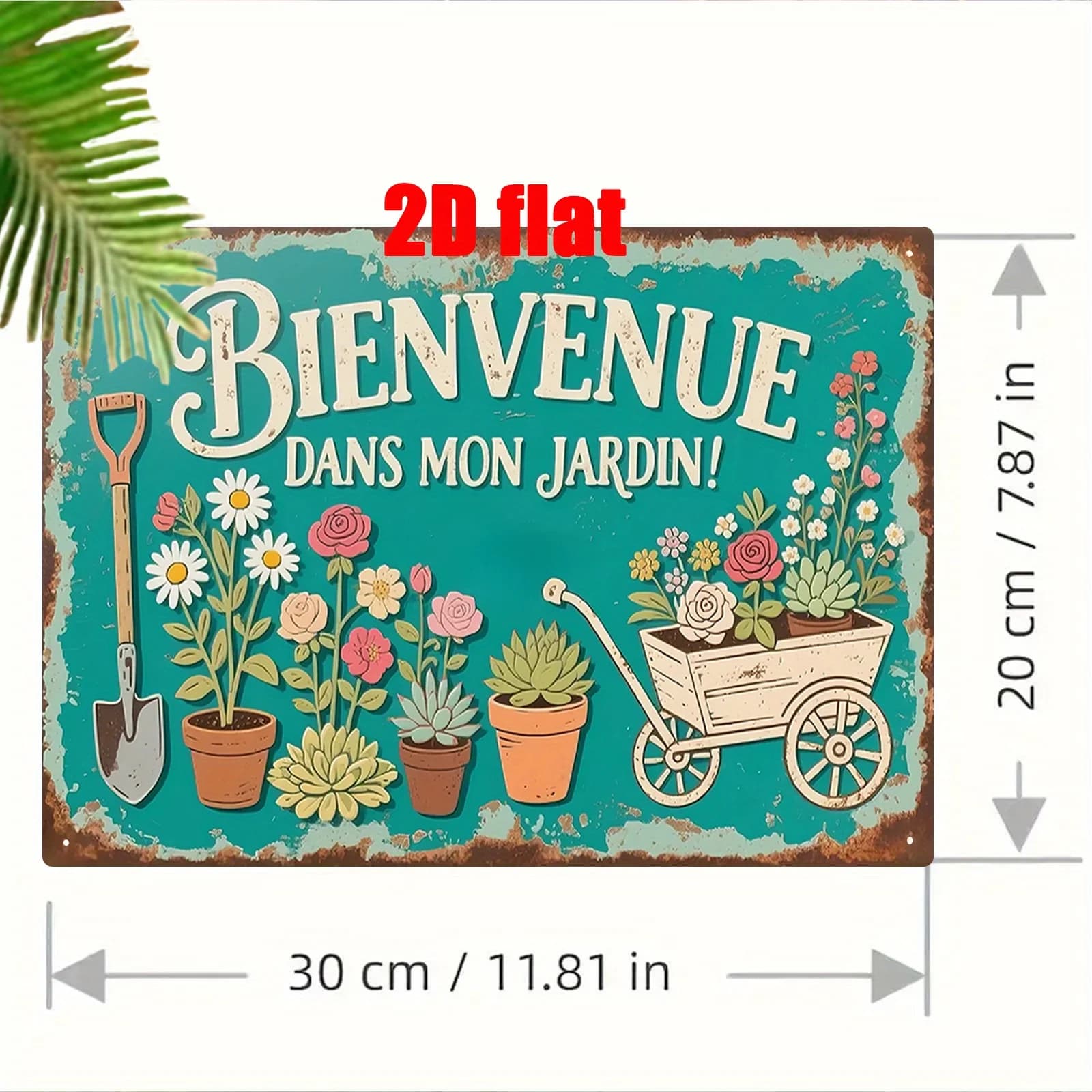 Panneau décoratif mural en métal « Bienvenue dans mon jardin » – Design floral et d'outils