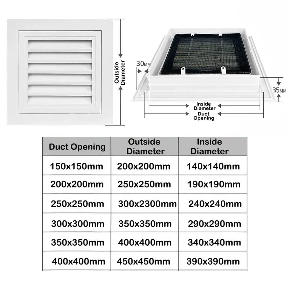 Nouveau Grille de ventilation en alliage d'aluminium blanc avec maille Gable Vent carré retour Air Grill maisons