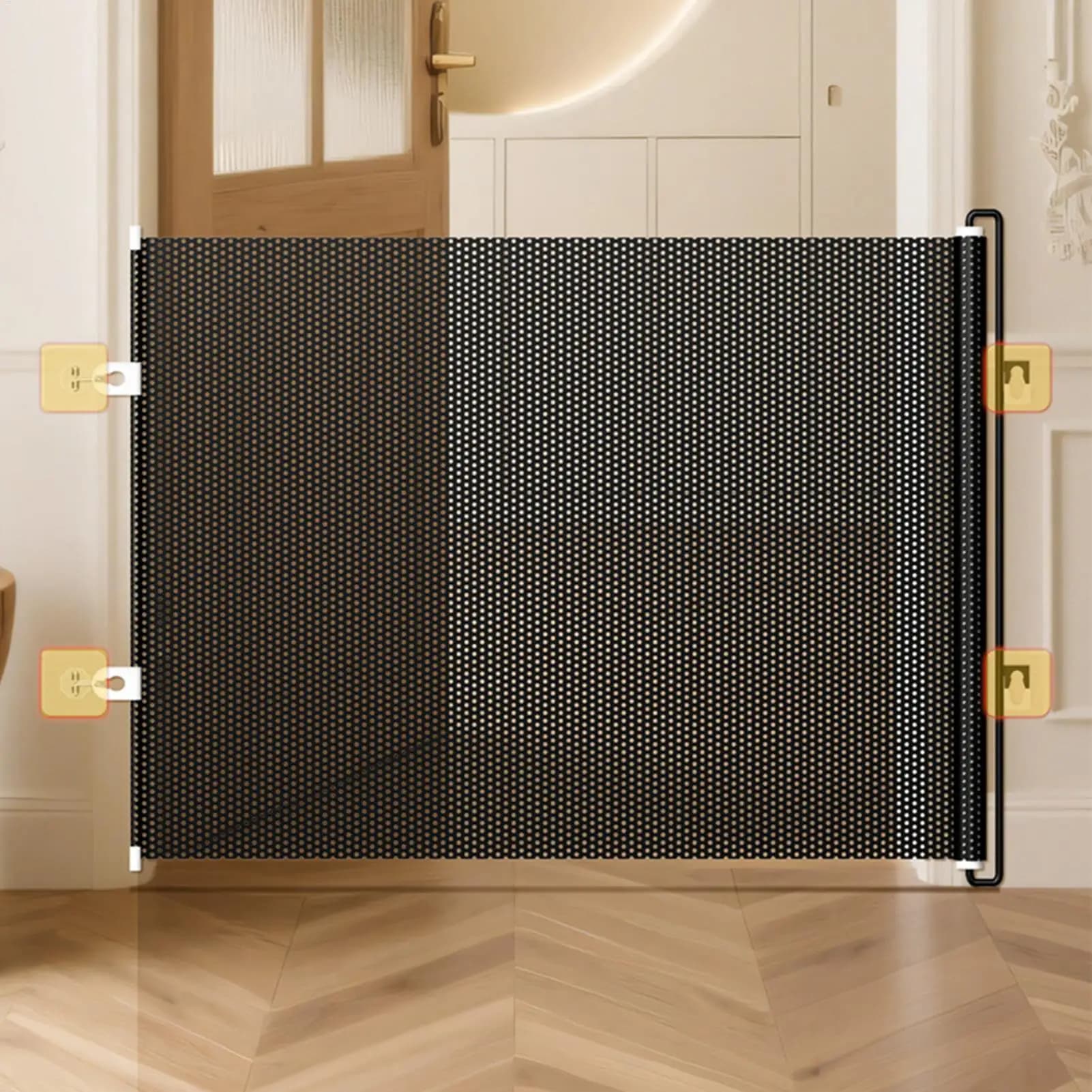 Barrière rétractable en maille pour escaliers