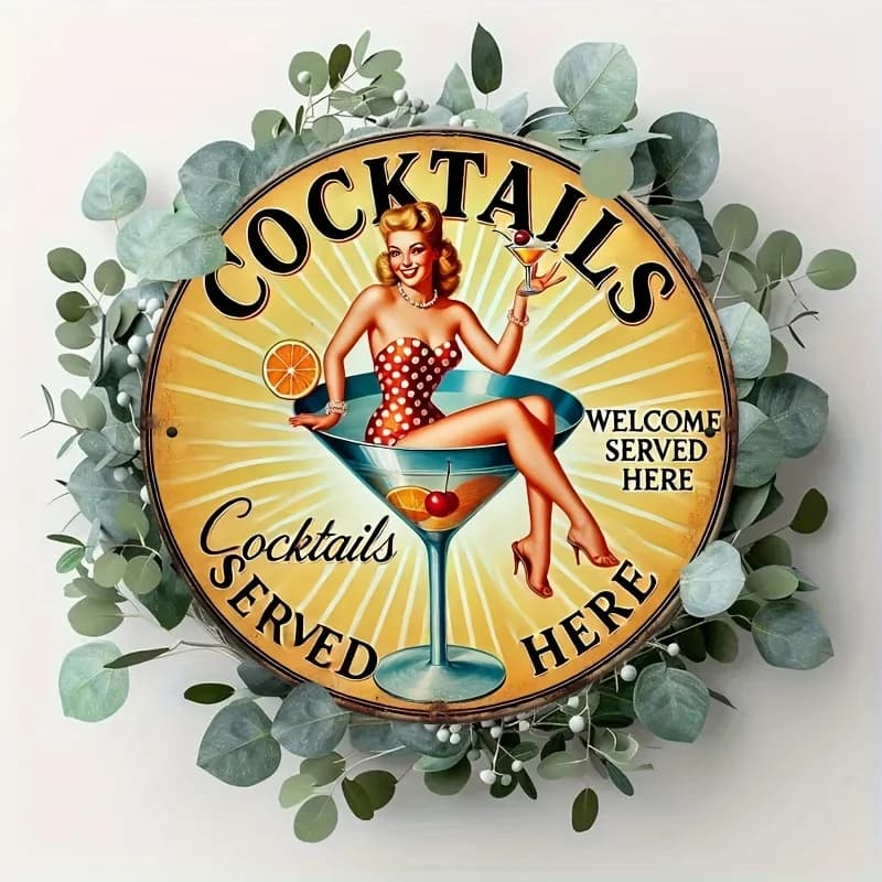 Panneau en métal 2D plat et vintage pour cocktails servés ici, 20,32x20,32 cm, art mural rond en aluminium, design rétro champagne et fruits,