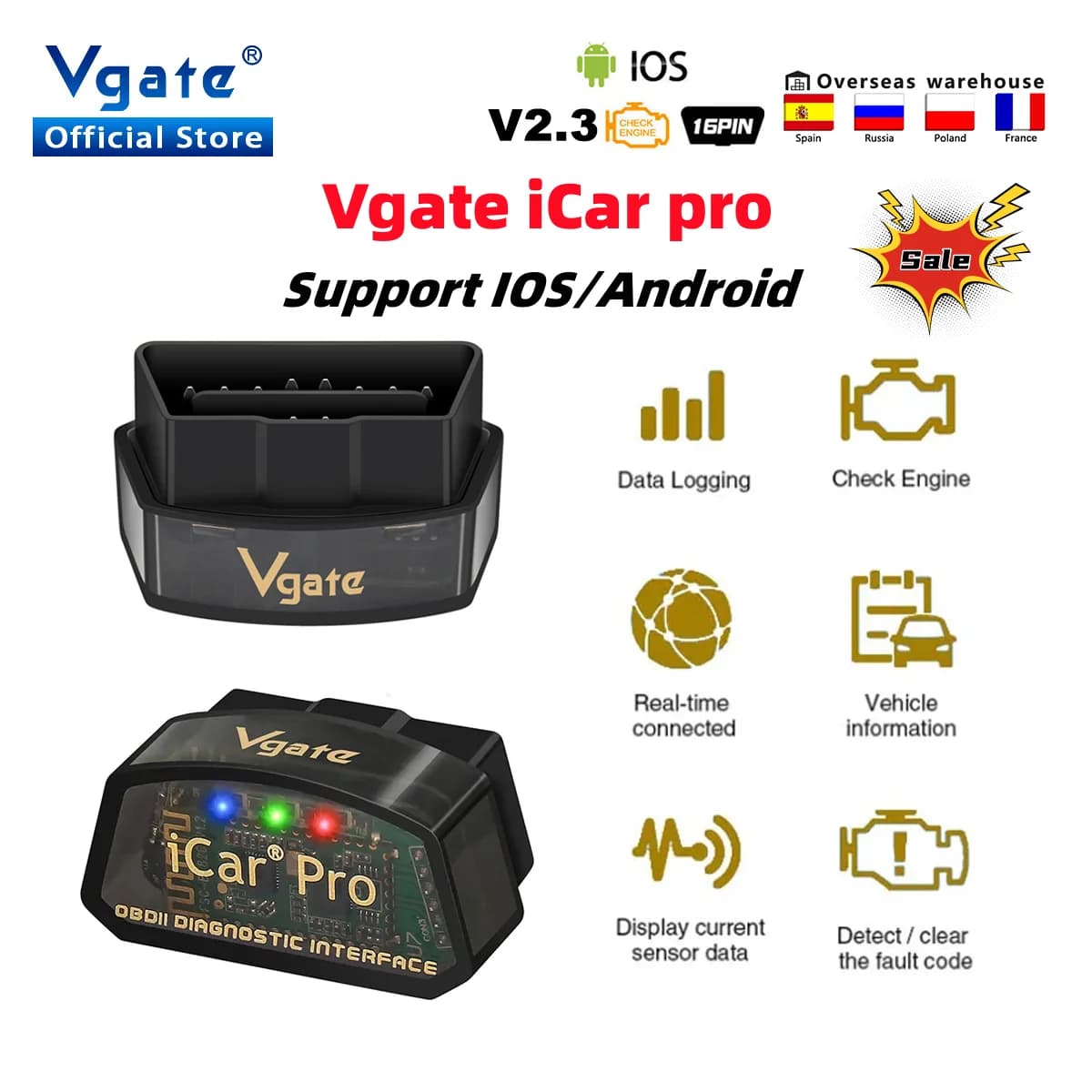 Vgate ICar Pro Bluetooth 4.0 OBD 2 ELM327 V2.3 ICar2 OBD2 Scanner ELM 327 ODB2 pour Android/IOS, outil de diagnostic automobile