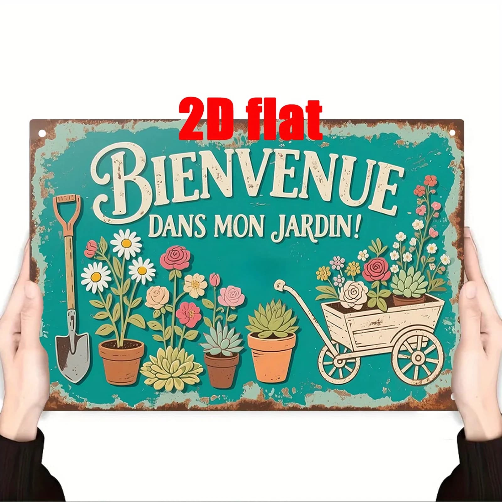 Panneau décoratif mural en métal « Bienvenue dans mon jardin » – Design floral et d'outils