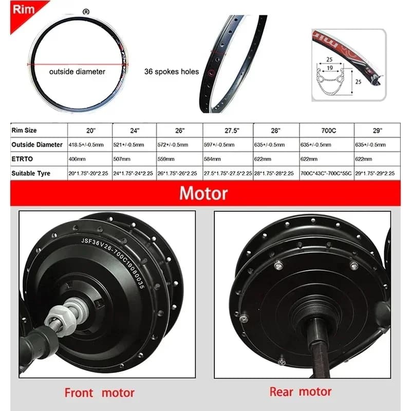 Moteur de moyeu de vélo électrique 36V 48V 250W 350W 500W 1500W 2000W 20 24 26 27.5 28 29 pouces 700C roue de moteur de vélo électrique avant/arrière