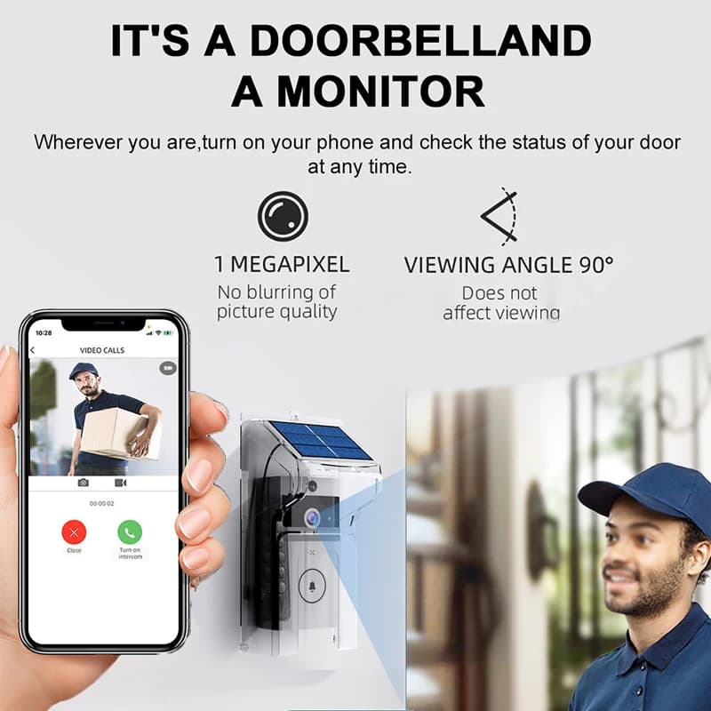 Sonnette sans fil extérieure étanche avec couverture solaire caméra WiFi porte numérique Peepholes interphone pour maison intelligente vidéo oeil anneau cloche