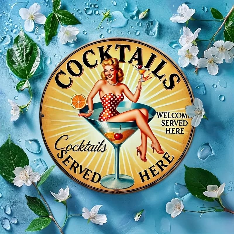Panneau en métal 2D plat et vintage pour cocktails servés ici, 20,32x20,32 cm, art mural rond en aluminium, design rétro champagne et fruits,