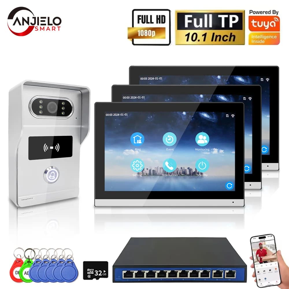 ANJIELO 1080P Tuya système d'interphone vidéo IP 10 pouces écran tactile Wifi POE sonnette filaire pour Villa contrôle d'accès RFID plat