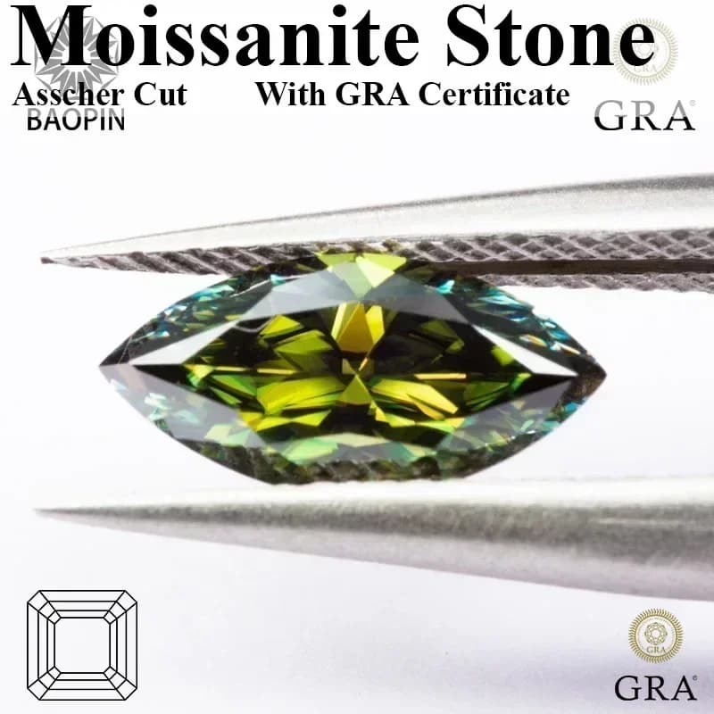 Pierre précieuse en moissanite verte taille marquise avec certificat, idéale pour les bagues de fiançailles et les créations de bijoux de luxe
