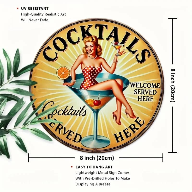 Panneau en métal 2D plat et vintage pour cocktails servés ici, 20,32x20,32 cm, art mural rond en aluminium, design rétro champagne et fruits,