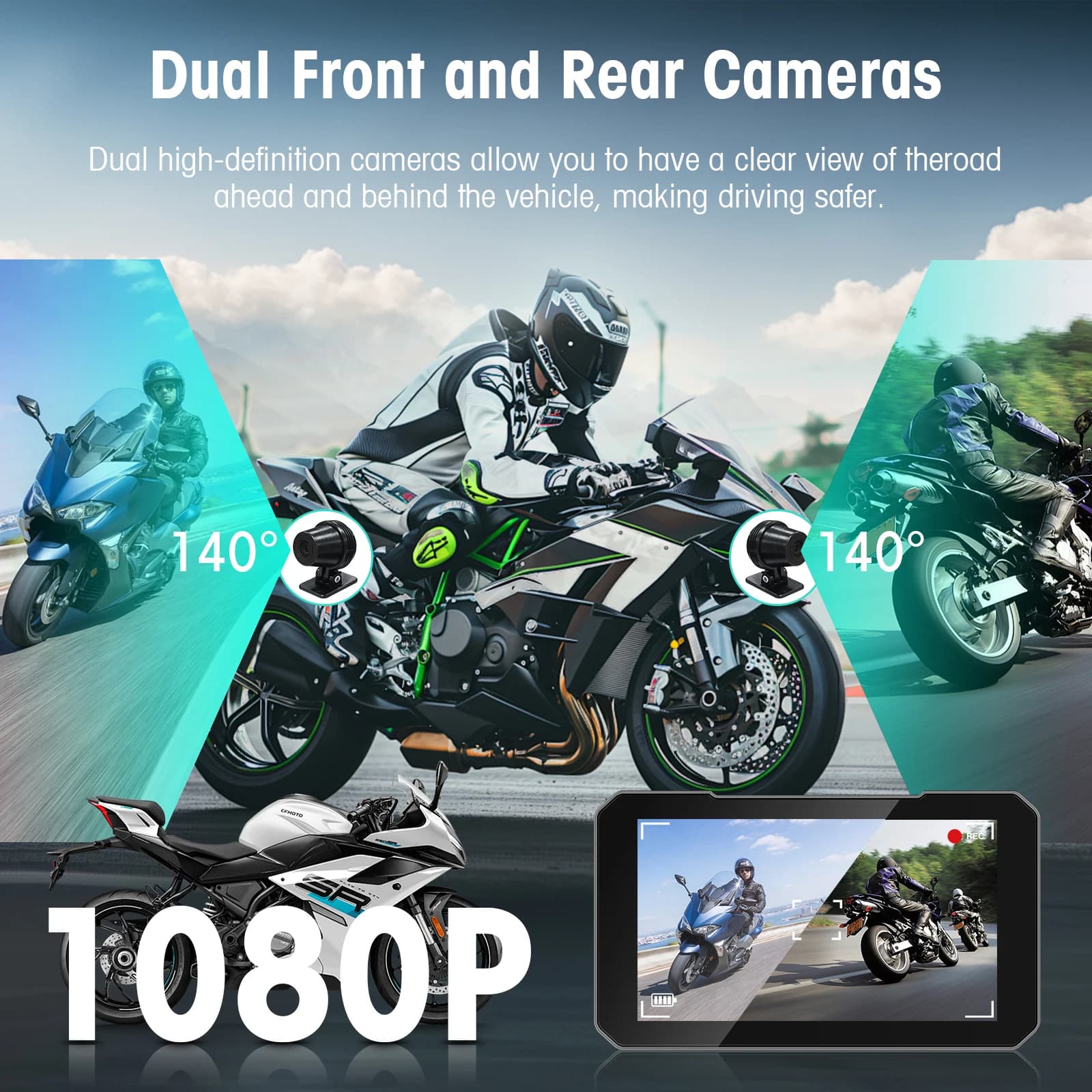EzoneTronics Écran de moto 5 pouces, DVR moto, navigation GPS, CarPlay sans fil, Android Auto, étanche IP67