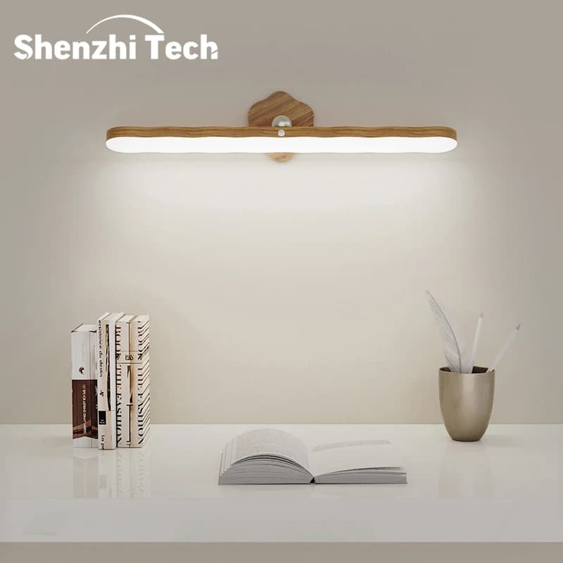 Lampe murale magnétique rotative, sans perçage 360° °   Lampe de chevet rotative, lampe de lecture LED à effet bois, blanc chaud/blanc froid