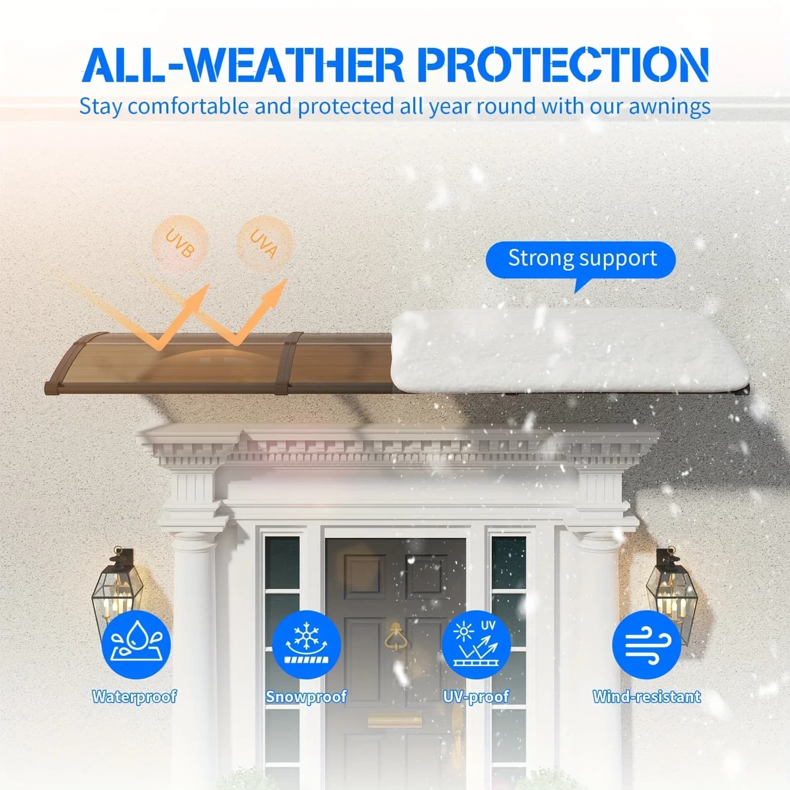 Grand auvent en polycarbonate pour entrées; Auvents et abris de protection contre la pluie et la neige pour patios et jardins; Panneaux marron