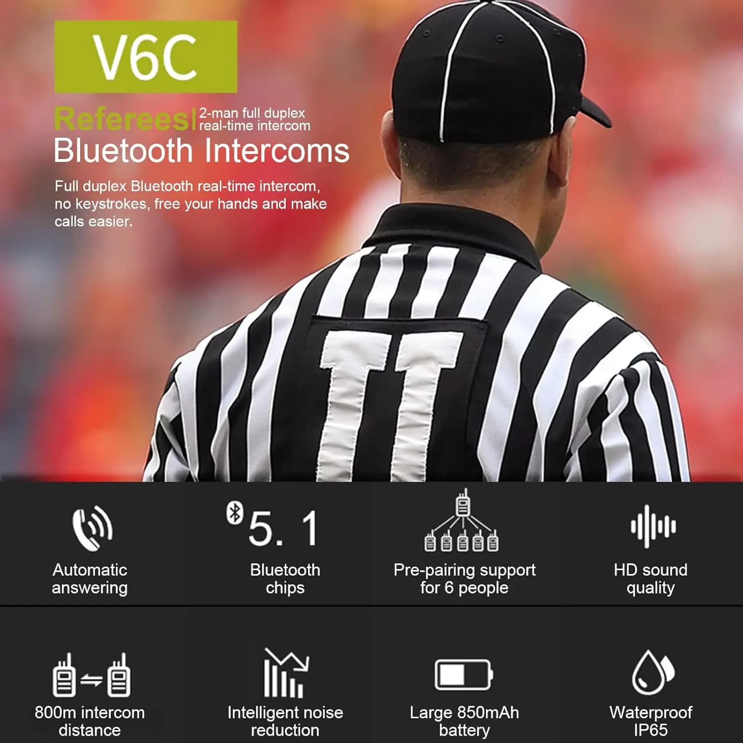 EJEAS V6C RPO casque d'arbitre de Football professionnel interphone de vélo sans fil 800M Interphones de conférence Bluetooth étanche