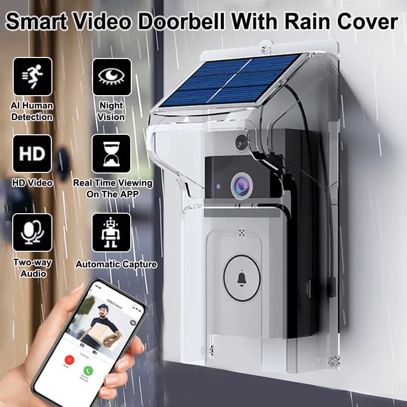 Sonnette sans fil extérieure étanche avec couverture solaire caméra WiFi porte numérique Peepholes interphone pour maison intelligente vidéo oeil anneau cloche