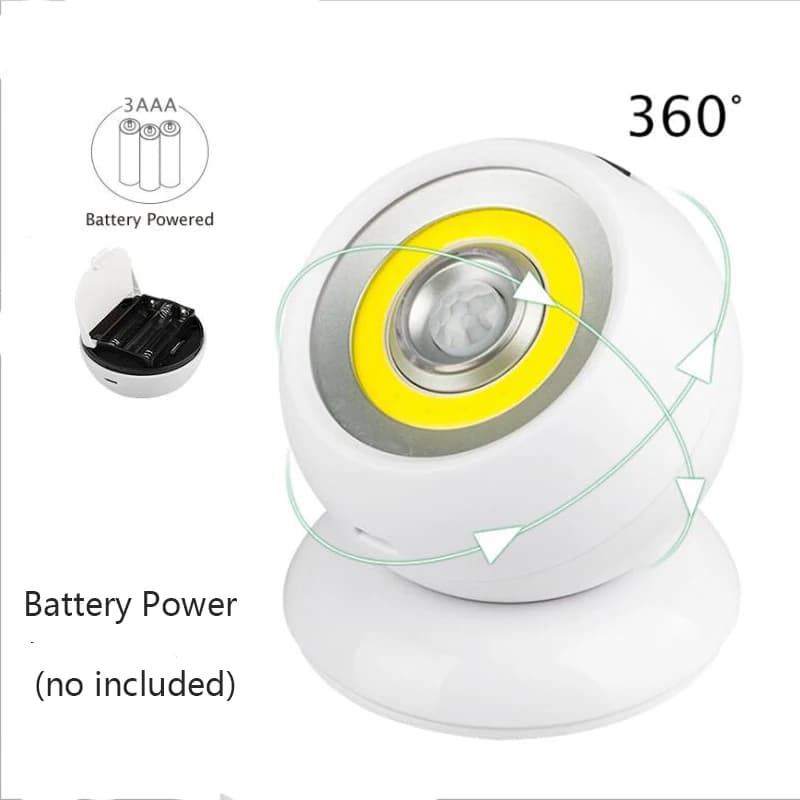 360 ° Rotatif COB boule lumière PIR capteur de mouvement LED veilleuse USB/alimenté par batterie a
