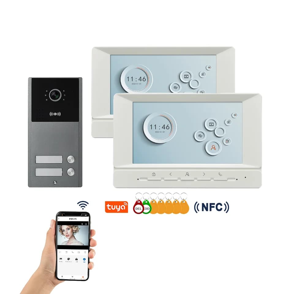 Interphone vidéo WIFI RFID NFC, 2 unités, déverrouillage AHD 1080P, système de sonnette, visiophone