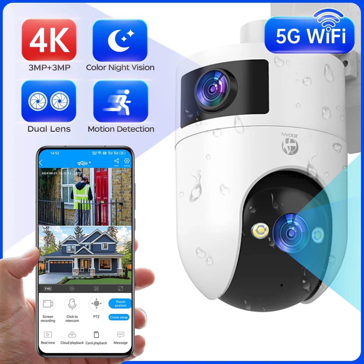 Caméra IP 4K PTZ extérieure étanche double objectif 5G WiFi caméra de sécurité suivi automatique cam