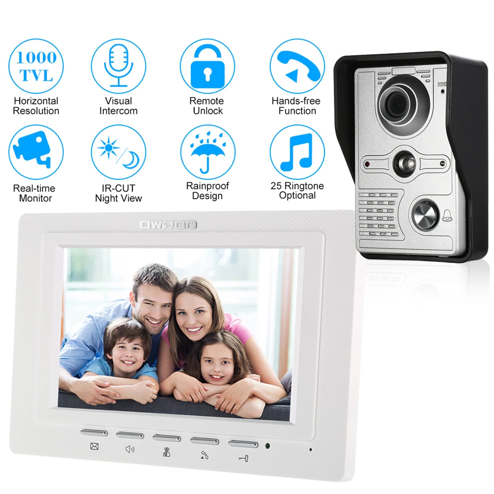 Sonnette vidéo filaire 7 pouces, moniteur intérieur IR-CUT caméra extérieure, interphone visuel, aud