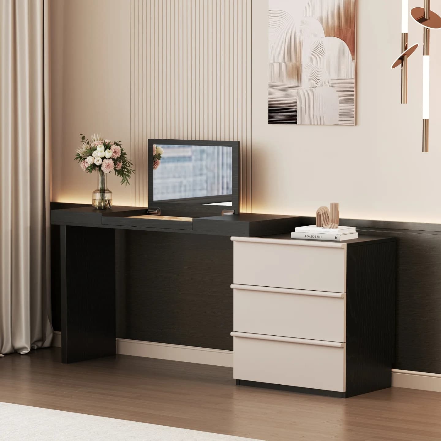 Vanité minimaliste italienne avec couvercle rabattable miroir caché vanité extensible multifonctionn