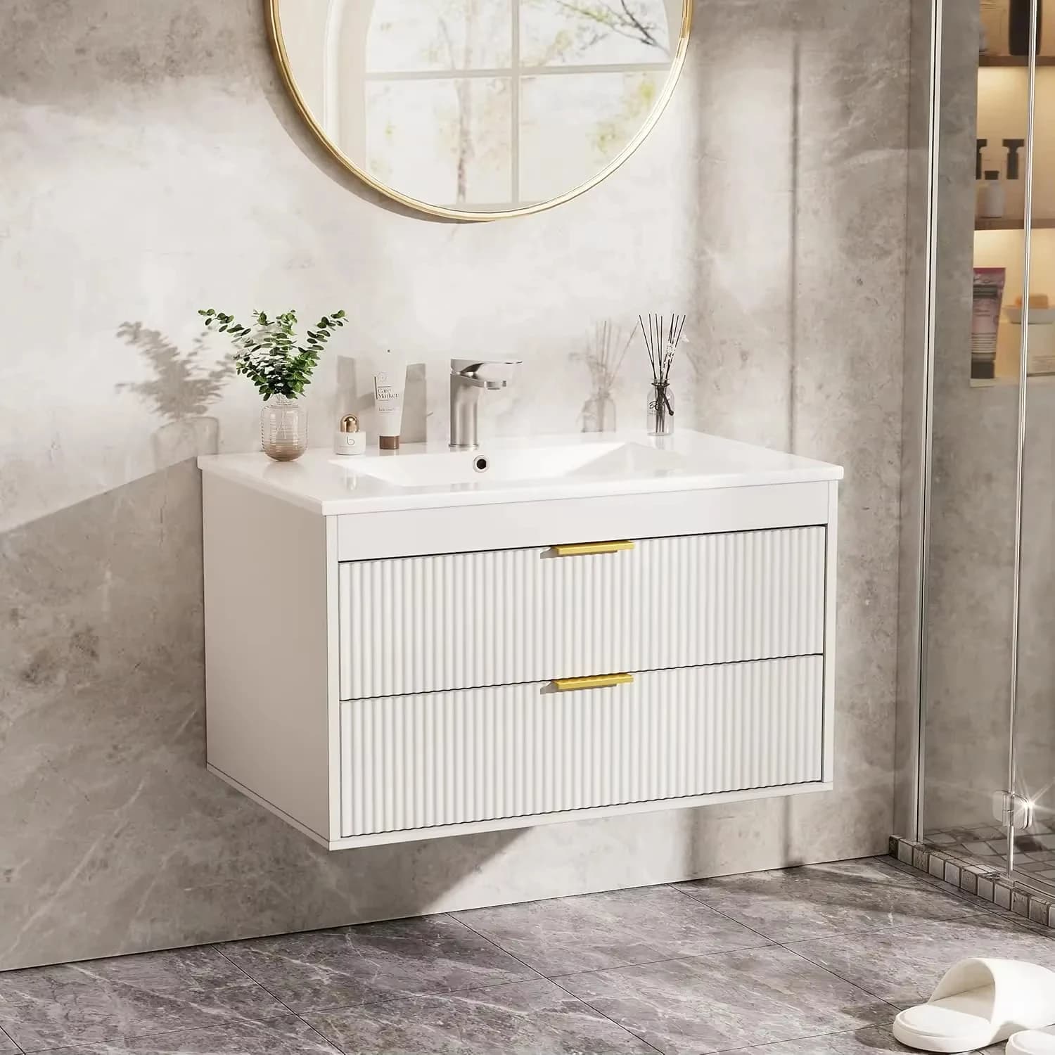 Salle de bain murale flottante 60-210 cm avec lavabo en céramique 2 tiroirs portes à fermeture douce