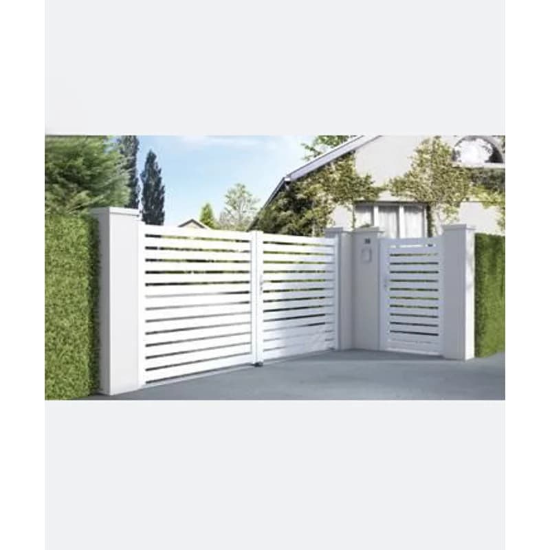 Système de porte automatique au design moderne, porte blanche en aluminium, grilles de clôture, port