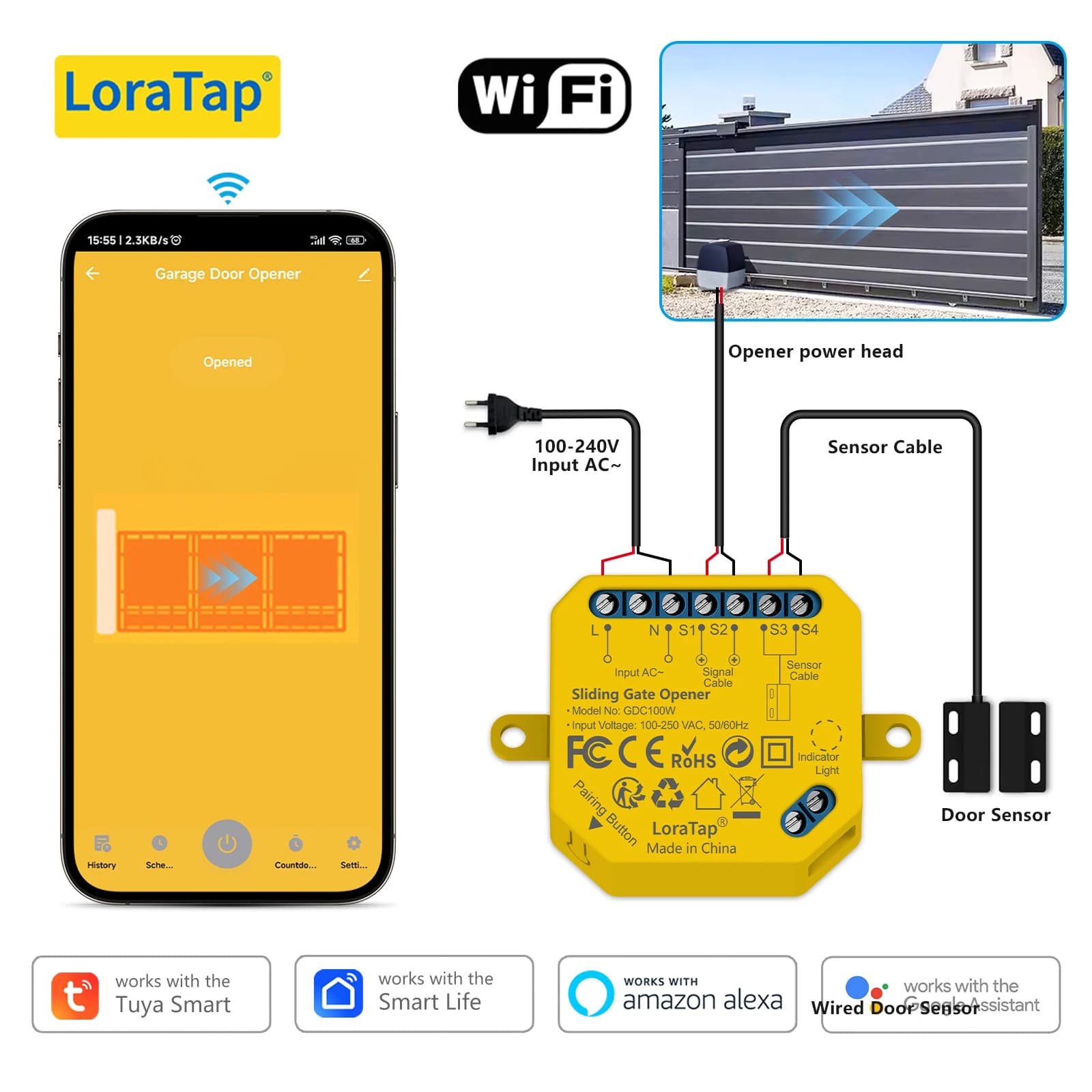 LoraTap Tuya Smart Life - Contrôleur d'ouverture motorisée à bras articulé - Système d'alerte de séc