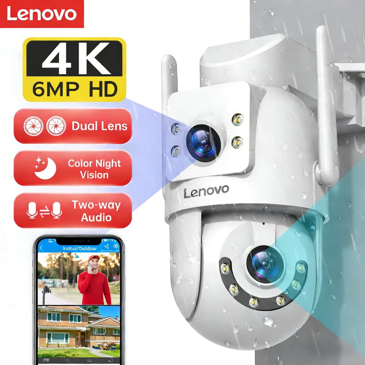 Caméra extérieure WiFi double objectif 4K Lenovo, WiFi 5G, communication bidirectionnelle, étanche I