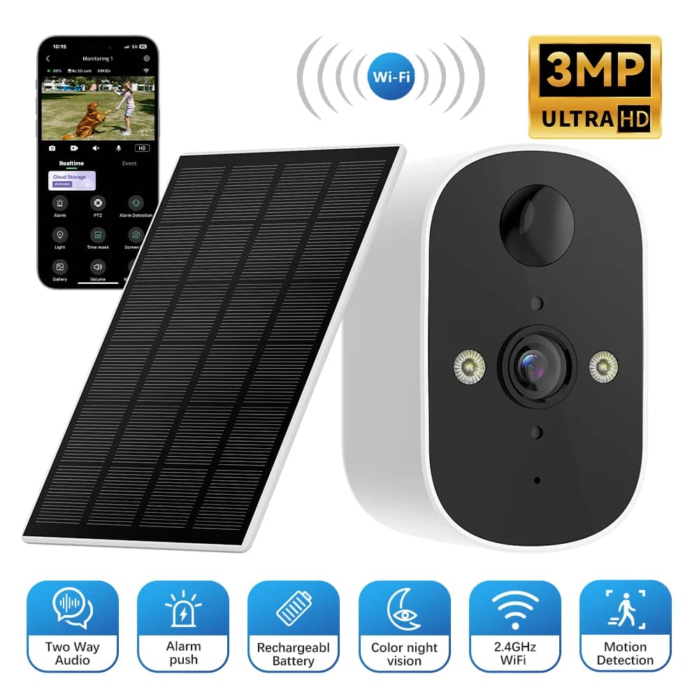 Caméra de sécurité solaire sans fil pour l'extérieur, 3MP, surveillance domestique, étanche IP65, vi