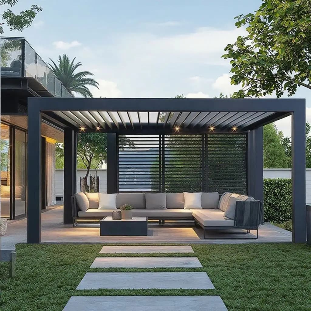 Pergola moderne anti-ouragan avec volets électriques réglables, robuste et durable, en alliage d'alu