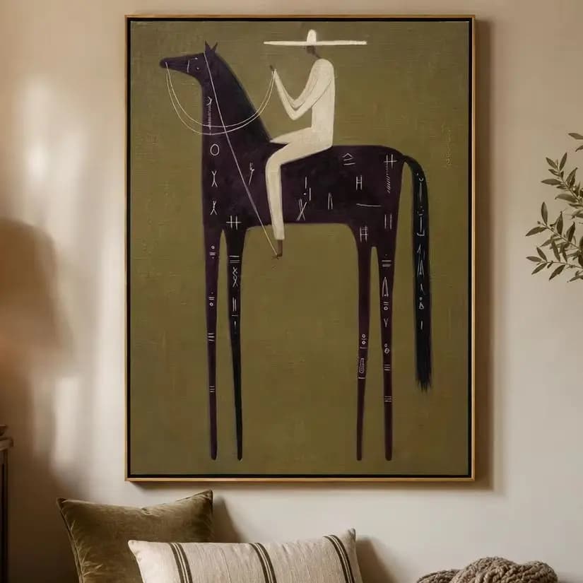Le Cheval Glyph – Peinture vintage Americana d'un cavalier sur un cheval noir avec inscription | I