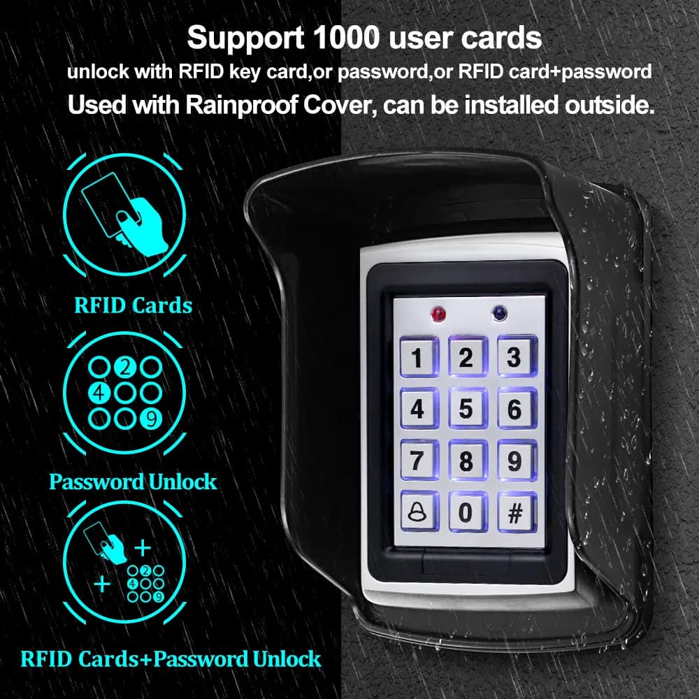 Kit de système de contrôle d'accès RFID en métal avec couvercle étanche + serrure magnétique électrique 180KG + 10 porte-clés + alimentation + bouton de sortie