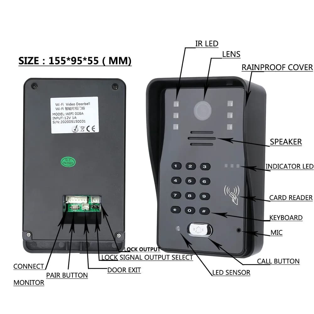 Visiophone interphone sonnette uniquement mot de passe RFID IR-CUT 1000TV ligne caméra